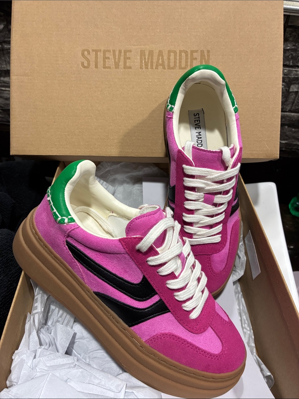 Steve Madden Dodge Pink and Green Suede Platform Sneakers with Black Accents 6